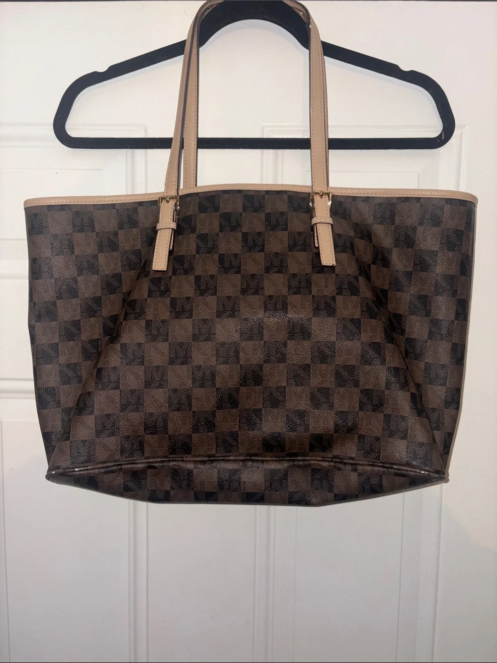 Michael Kors Dark Brown Checkered Tote with Gold MK Charm